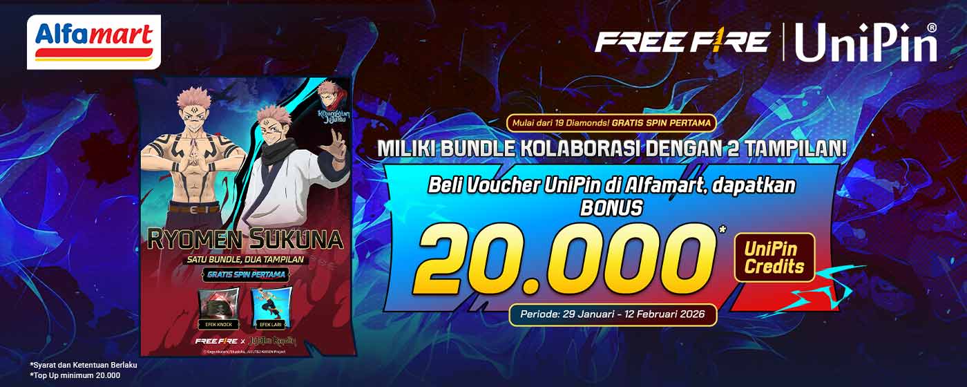 Ryomen Sukuna Hadir di Free Fire! Top Up UniPin di Alfamart & Dapatkan Bonus 20.000 Credits